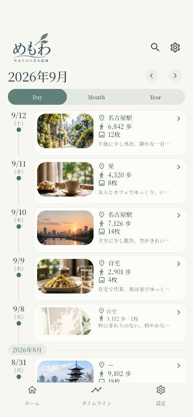 日ごとの記録が写真、歩数、場所と一緒に並ぶタイムライン画面。